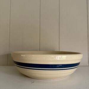 Roseville Ohio Vintage Stoneware Blue Striped Mixing Bowl Pottery Heavy USA